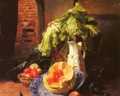 A Still Life With A White Porcelain Pitcher Fruit And Vegetables - 大卫·埃米尔·约瑟夫·德·诺特
